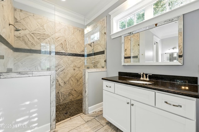 318 Sophia Ter, Saint Augustine, FL 32095 - full bath featuring ornamental molding, marble finish floors, walk in shower, and vanity