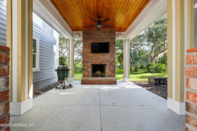 318 Sophia Ter, Saint Augustine, FL 32095 - view of patio / terrace featuring an outdoor brick fireplace, a ceiling fan, and a grill