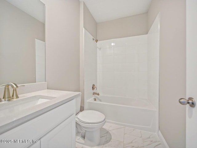 bathroom with toilet, shower / bathtub combination, vanity, marble look tiles, and baseboards