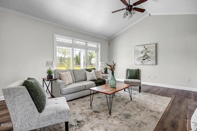 27359 Geiger Rd, Hilliard, FL 32046 - living area featuring dark wood-style flooring, a textured ceiling, a ceiling fan, crown molding, and baseboards