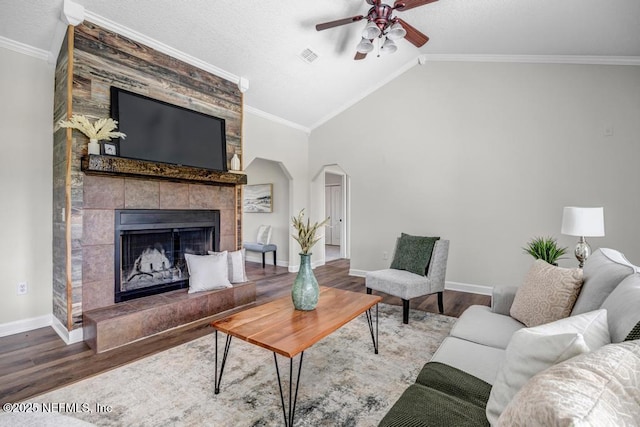 27359 Geiger Rd, Hilliard, FL 32046 - living room featuring wood finished floors, a ceiling fan, baseboards, a tiled fireplace, and vaulted ceiling