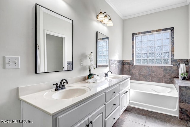 27359 Geiger Rd, Hilliard, FL 32046 - full bath featuring ornamental molding, tile patterned flooring, double vanity, and a bath