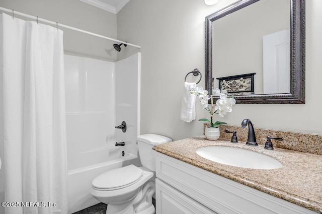 27359 Geiger Rd, Hilliard, FL 32046 - bathroom featuring crown molding, toilet, vanity, and shower / tub combo with curtain