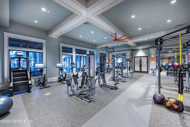 workout area with beamed ceiling, recessed lighting, and baseboards