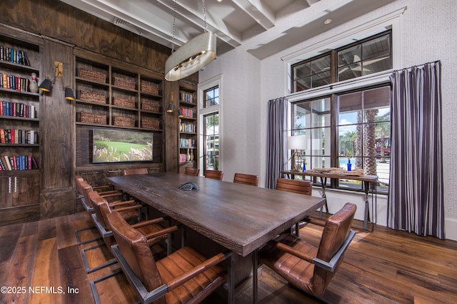 dining room featuring dark wood-style floors and built in shelves