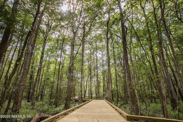 view of community featuring a wooded view