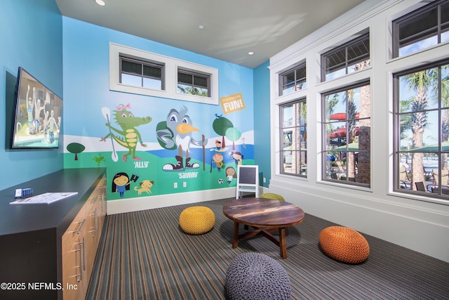 game room featuring carpet, baseboards, and recessed lighting