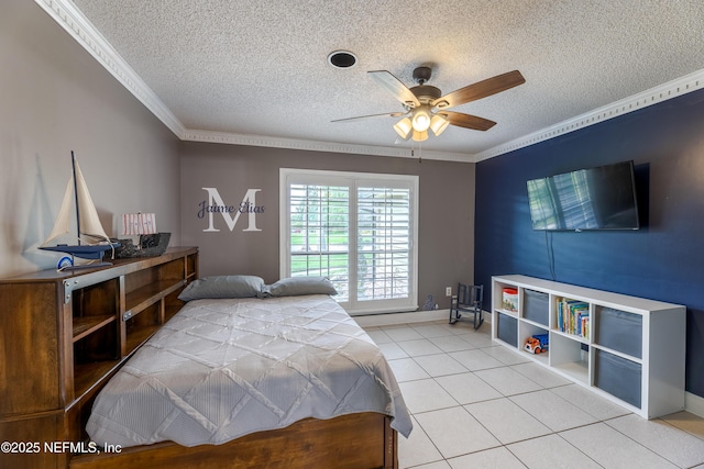 806 Falkirk Ct, Orange Park, FL 32073 - bedroom featuring a textured ceiling, light tile patterned floors, ornamental molding, ceiling fan, and baseboards