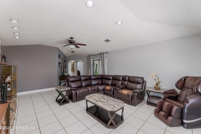 806 Falkirk Ct, Orange Park, FL 32073 - living area featuring vaulted ceiling, a ceiling fan, light tile patterned floors, baseboards, and recessed lighting
