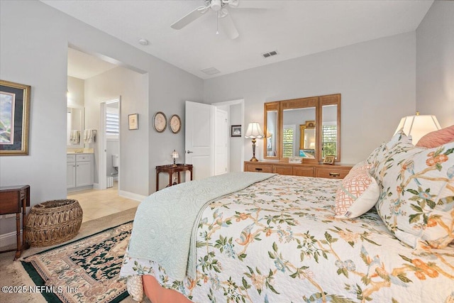 433 Marsh Cove Dr, Ponte Vedra Beach, FL 32082 - bedroom with ensuite bathroom, a ceiling fan, light tile patterned floors, and baseboards