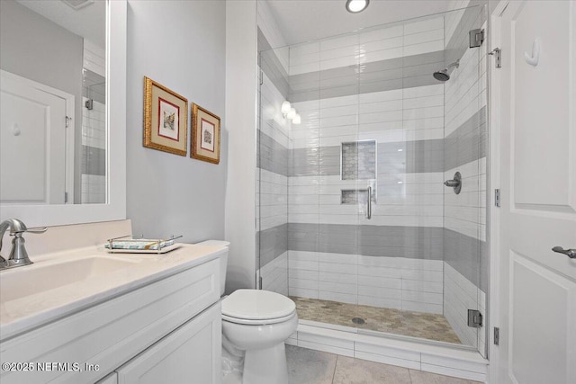 433 Marsh Cove Dr, Ponte Vedra Beach, FL 32082 - bathroom with vanity, a stall shower, toilet, and tile patterned floors