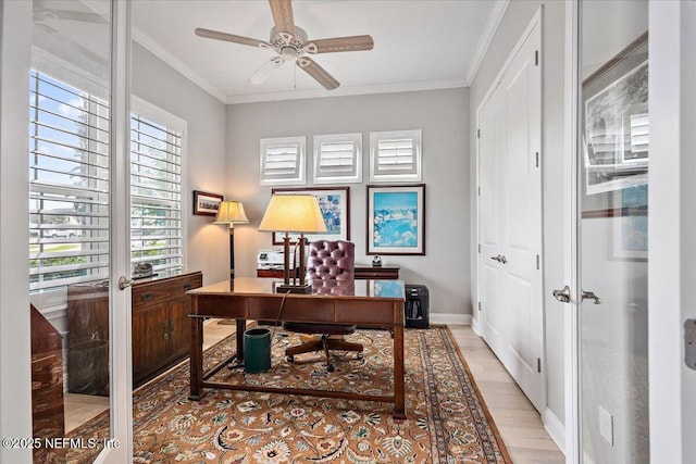 433 Marsh Cove Dr, Ponte Vedra Beach, FL 32082 - office with light wood finished floors, healthy amount of natural light, a ceiling fan, crown molding, and baseboards