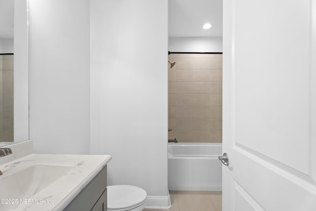 full bath with vanity, tile patterned flooring, toilet, tub / shower combination, and recessed lighting
