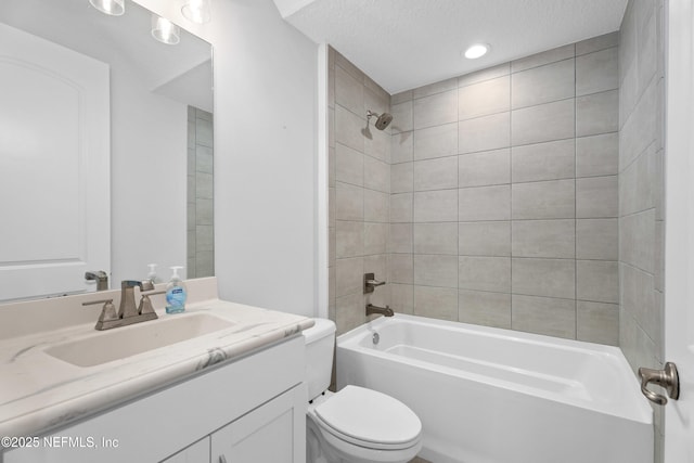 full bath with toilet, shower / washtub combination, vanity, and recessed lighting