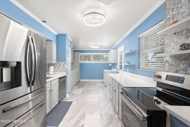 kitchen with appliances with stainless steel finishes, open shelves, crown molding, backsplash, and light countertops
