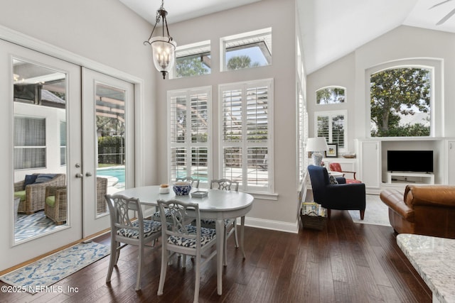 724 Piney Pl, Saint Johns, FL 32259 - dining area featuring plenty of natural light, french doors, dark wood-style flooring, baseboards, and vaulted ceiling