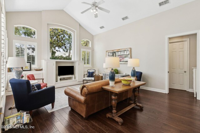 724 Piney Pl, Saint Johns, FL 32259 - living room featuring high vaulted ceiling, a ceiling fan, dark wood-type flooring, and baseboards