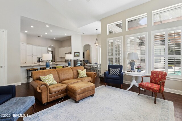 724 Piney Pl, Saint Johns, FL 32259 - living room featuring arched walkways, high vaulted ceiling, dark wood finished floors, recessed lighting, and baseboards