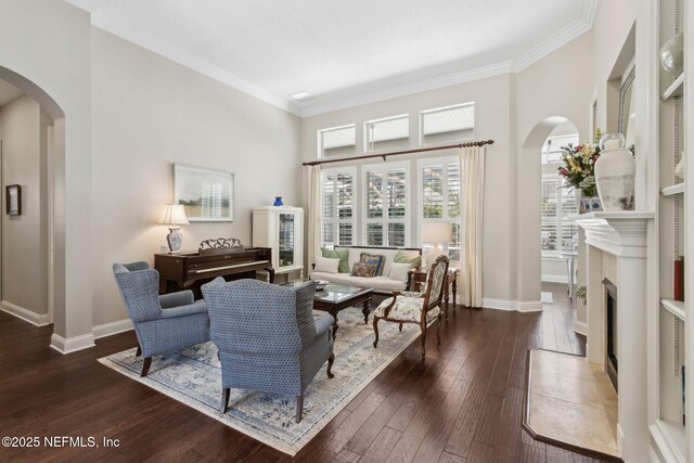 724 Piney Pl, Saint Johns, FL 32259 - living area featuring arched walkways, ornamental molding, baseboards, wood-type flooring, and a fireplace