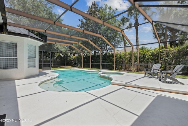 724 Piney Pl, Saint Johns, FL 32259 - view of swimming pool with a patio, a fenced backyard, a pool with connected hot tub, and glass enclosure