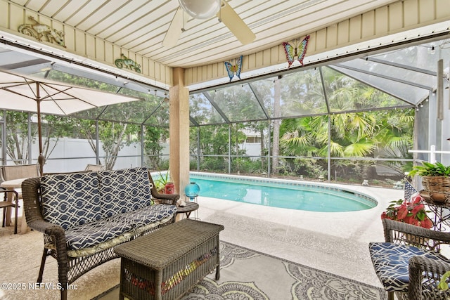 324 Hammock Grove Ct, Saint Johns, FL 32259 - outdoor pool featuring a patio, a fenced backyard, ceiling fan, and a lanai