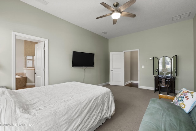 14048 Prater Ct, Jacksonville, FL 32224 - carpeted bedroom featuring baseboards, ceiling fan, high vaulted ceiling, and connected bathroom