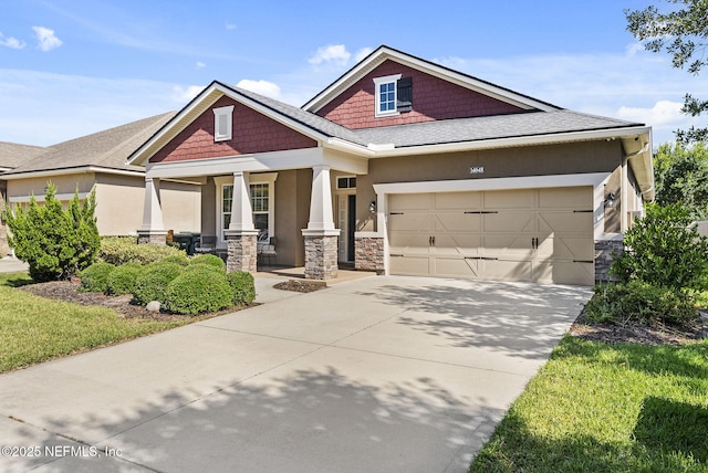 14048 Prater Ct, Jacksonville, FL 32224 - craftsman house featuring covered porch, stone siding, driveway, an attached garage, and stucco siding