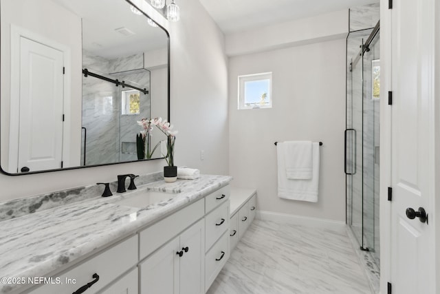 97002 Jose Gaspar Way, Yulee, FL 32097 - full bath featuring vanity, a marble finish shower, marble finish flooring, and baseboards