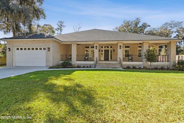 97002 Jose Gaspar Way, Yulee, FL 32097 - ranch-style house featuring covered porch, an attached garage, brick siding, and a front yard