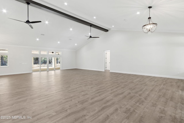 97002 Jose Gaspar Way, Yulee, FL 32097 - unfurnished living room featuring beamed ceiling, baseboards, light wood finished floors, ceiling fan, and recessed lighting