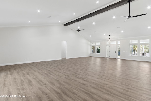 97002 Jose Gaspar Way, Yulee, FL 32097 - unfurnished living room with ceiling fan, wood finished floors, baseboards, crown molding, and recessed lighting