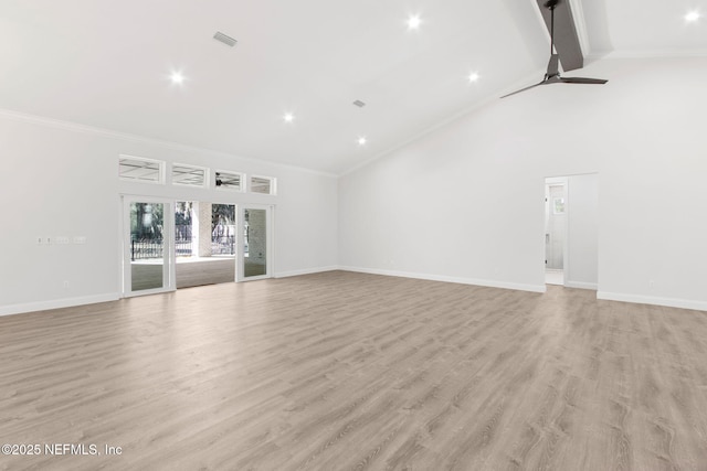 97002 Jose Gaspar Way, Yulee, FL 32097 - unfurnished living room featuring crown molding, high vaulted ceiling, baseboards, a ceiling fan, and light wood-style floors