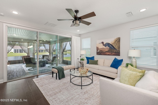 275 Kellet Way, Saint Johns, FL 32259 - living area featuring a ceiling fan, dark wood-style floors, a water view, and recessed lighting