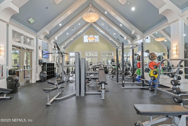 275 Kellet Way, Saint Johns, FL 32259 - gym featuring french doors, beamed ceiling, high vaulted ceiling, and recessed lighting
