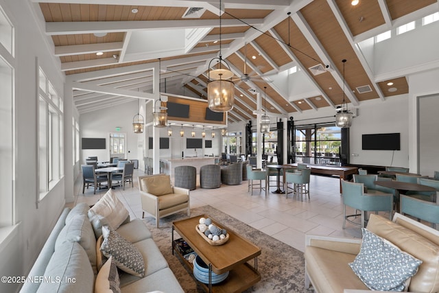 275 Kellet Way, Saint Johns, FL 32259 - tiled living room featuring high vaulted ceiling, wooden ceiling with exposed beams, and recessed lighting