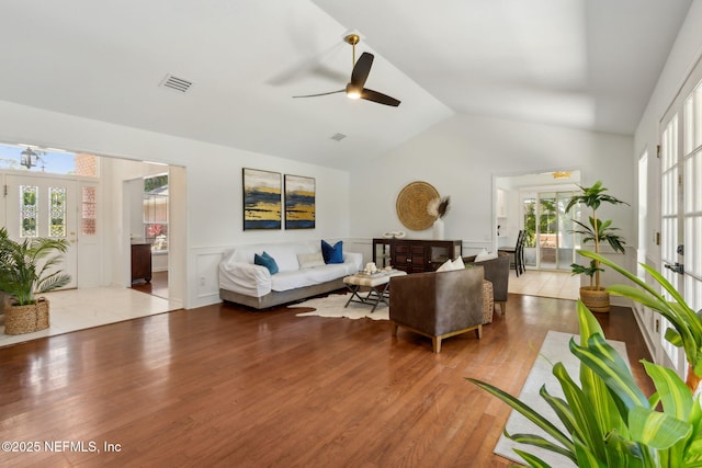 1553 Royal Fern Ln, Fleming Island, FL 32003 - living area featuring healthy amount of natural light, a ceiling fan, vaulted ceiling, and wood finished floors