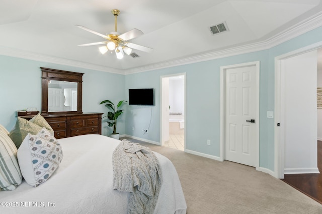 1553 Royal Fern Ln, Fleming Island, FL 32003 - bedroom featuring carpet flooring, baseboards, ornamental molding, ensuite bathroom, and ceiling fan