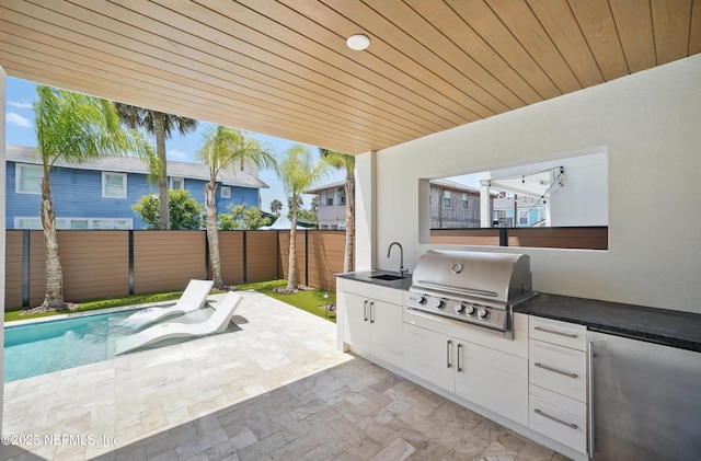 view of patio / terrace featuring area for grilling, a fenced backyard, exterior kitchen, and a sink