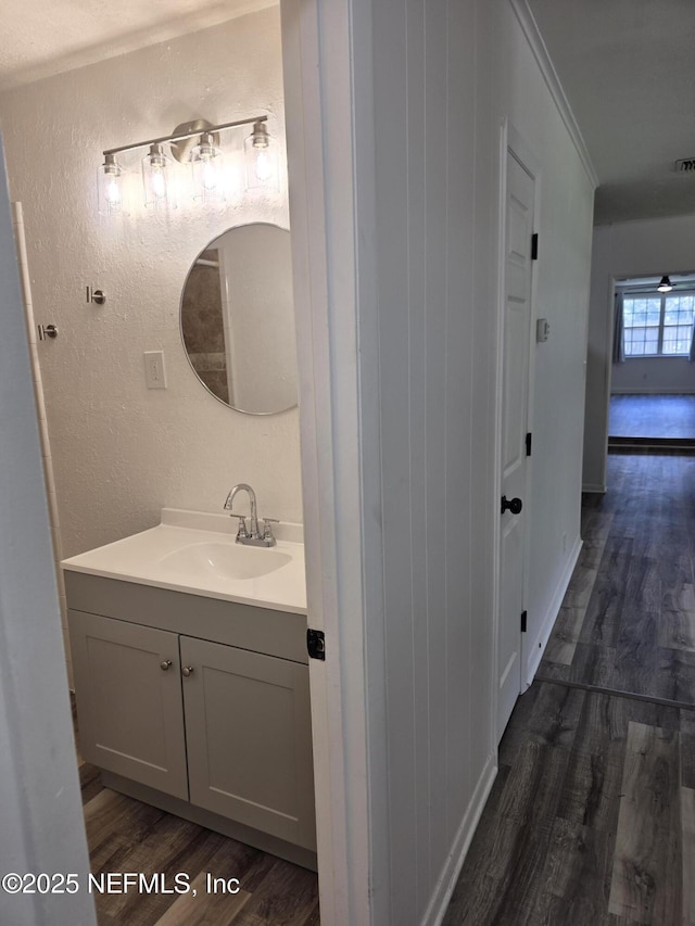 54038 Charles St, Callahan, FL 32011 - bathroom featuring wood finished floors, vanity, and a textured wall
