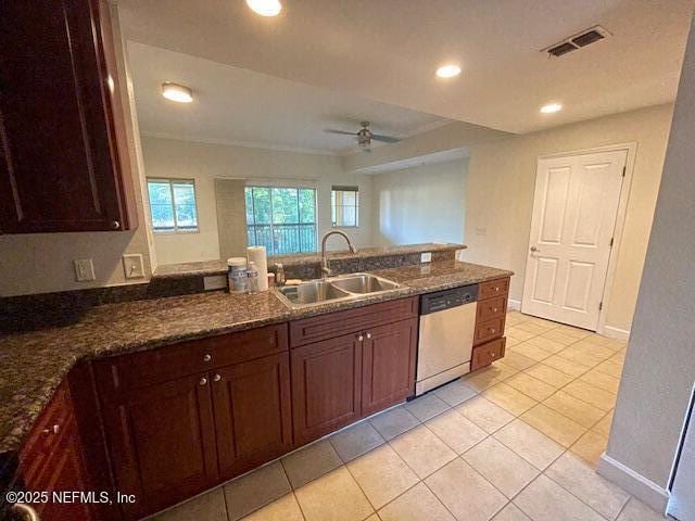 9745 Touchton Rd Unit 2522, Jacksonville, FL 32246 - kitchen with dishwashing machine, a sink, ceiling fan, a peninsula, and recessed lighting