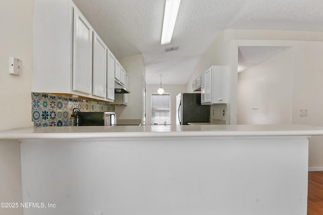 726 Calico Jack Way, Green Cove Springs, FL 32043 - kitchen featuring freestanding refrigerator, under cabinet range hood, white cabinetry, a textured ceiling, and tasteful backsplash