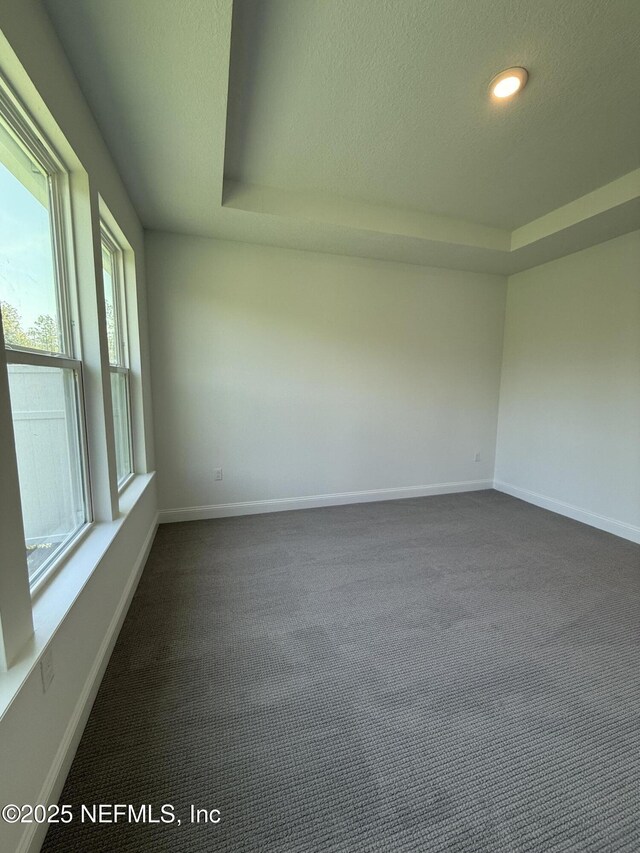 38 Mulberry Rd, Palm Coast, FL 32164 - empty room with a raised ceiling, dark colored carpet, a textured ceiling, and baseboards