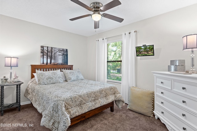 bedroom with carpet, ceiling fan, and baseboards