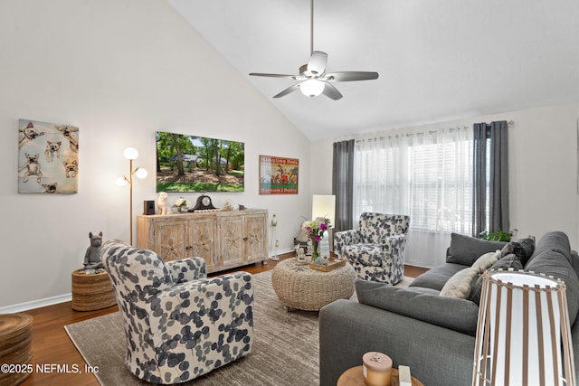 living room featuring high vaulted ceiling, ceiling fan, baseboards, and dark wood-style floors