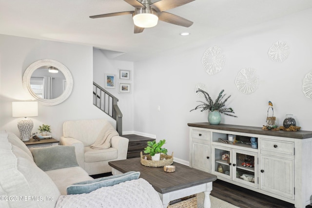 303 Vista Lagoon Ct Unit C-3, Ponte Vedra Beach, FL 32082 - living room with stairway, ceiling fan, baseboards, recessed lighting, and dark wood-type flooring