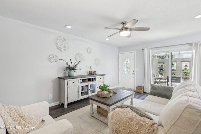 303 Vista Lagoon Ct Unit C-3, Ponte Vedra Beach, FL 32082 - living room with a ceiling fan, baseboards, dark wood-type flooring, and recessed lighting