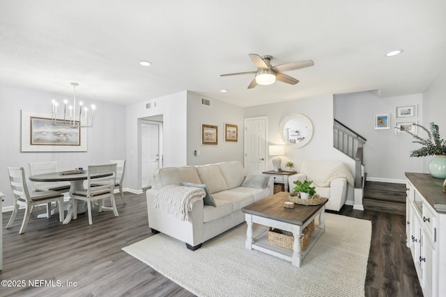 303 Vista Lagoon Ct Unit C-3, Ponte Vedra Beach, FL 32082 - living room with baseboards, stairs, a ceiling fan, dark wood-style floors, and a chandelier