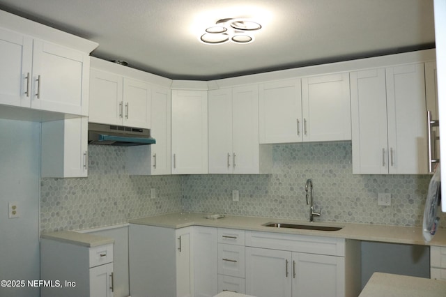 2242 Lake Lucina Dr, Jacksonville, FL 32211 - kitchen featuring under cabinet range hood, a sink, backsplash, and white cabinetry