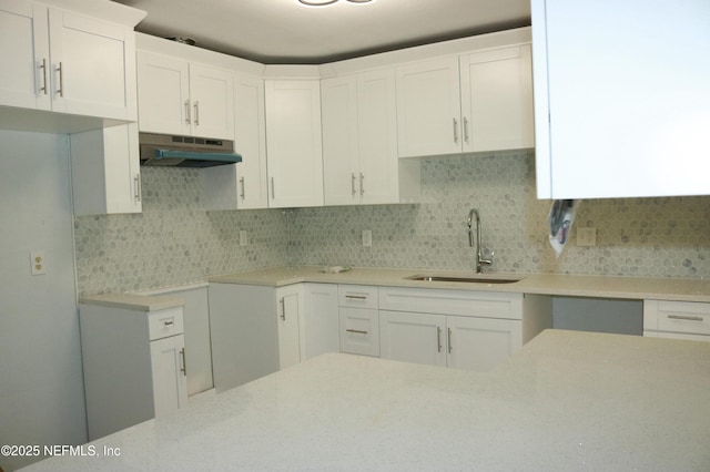 2242 Lake Lucina Dr, Jacksonville, FL 32211 - kitchen with under cabinet range hood, a sink, backsplash, and white cabinetry