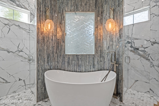 520 E Coast Dr, Atlantic Beach, FL 32233 - full bathroom featuring a marble finish shower, a freestanding tub, and marble finish flooring